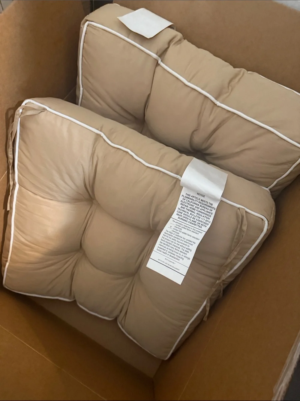 2 Beige Tufted Seat Cushions with White Piping 19x19x5 -